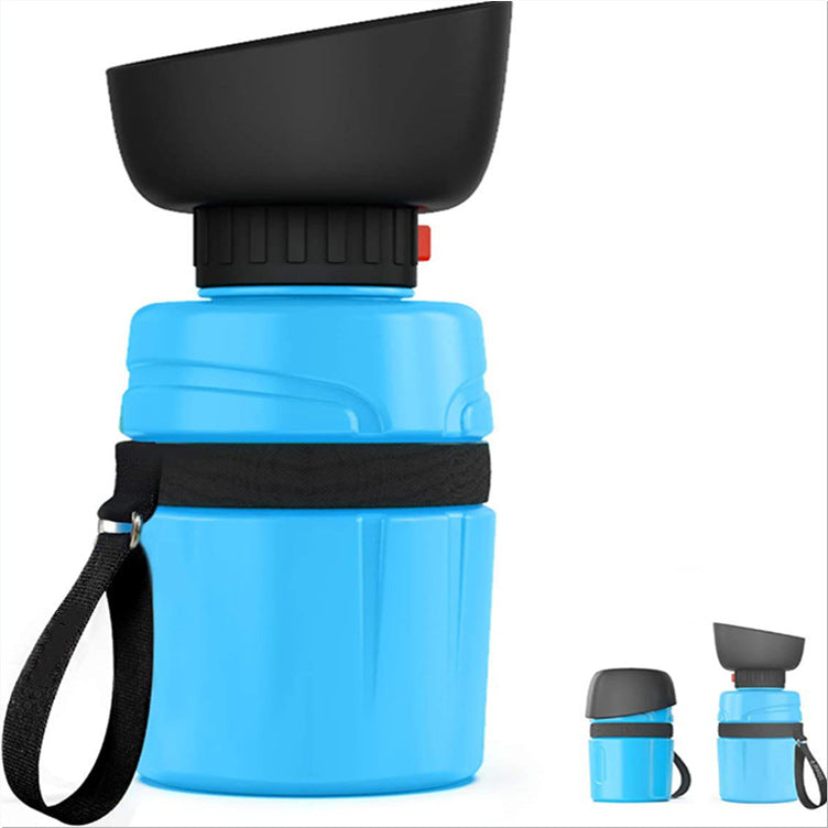 Dog Travel Portable Water Bottle in blue with detachable bowl and strap.