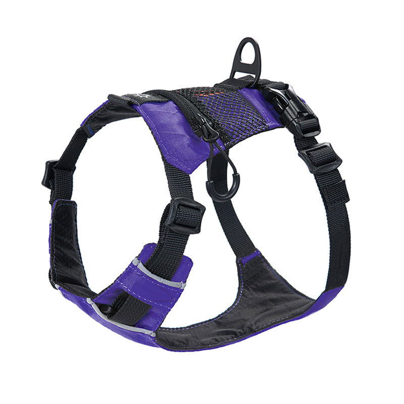 reflective waterproof dog harness in purple color, designed for pet safety and comfort during outdoor adventures.