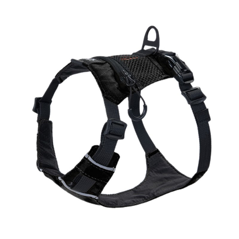 reflective waterproof dog harness in black nylon for pet safety during outdoor adventures