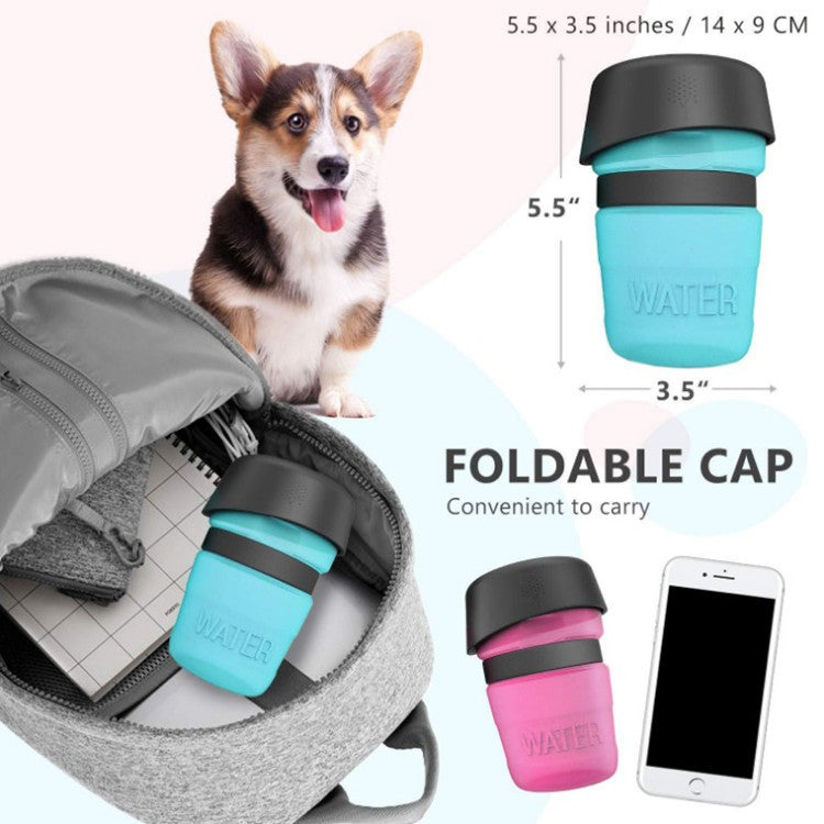 Dog Travel Portable Water Bottle with foldable cap, shown with a dog and backpack, convenient for outings.